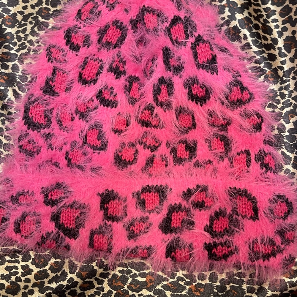 Fuzzy Pink and Black Cheetah Print Beanie - Picture 4 of 6